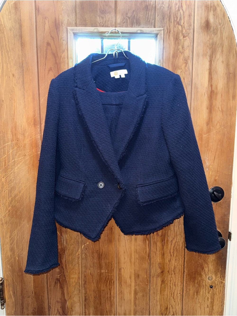 NWT/NWOT Boden York navy tweed raw edge cropped blazer & mini skirt suit size 12